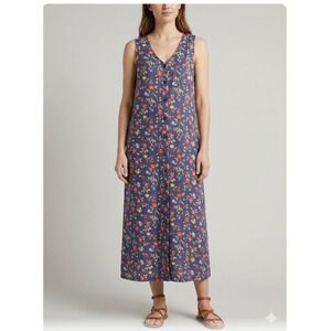 Match Linen Maxi Dress Womens Sz 12 Blue Floral Sleeveless Button Front USA Made